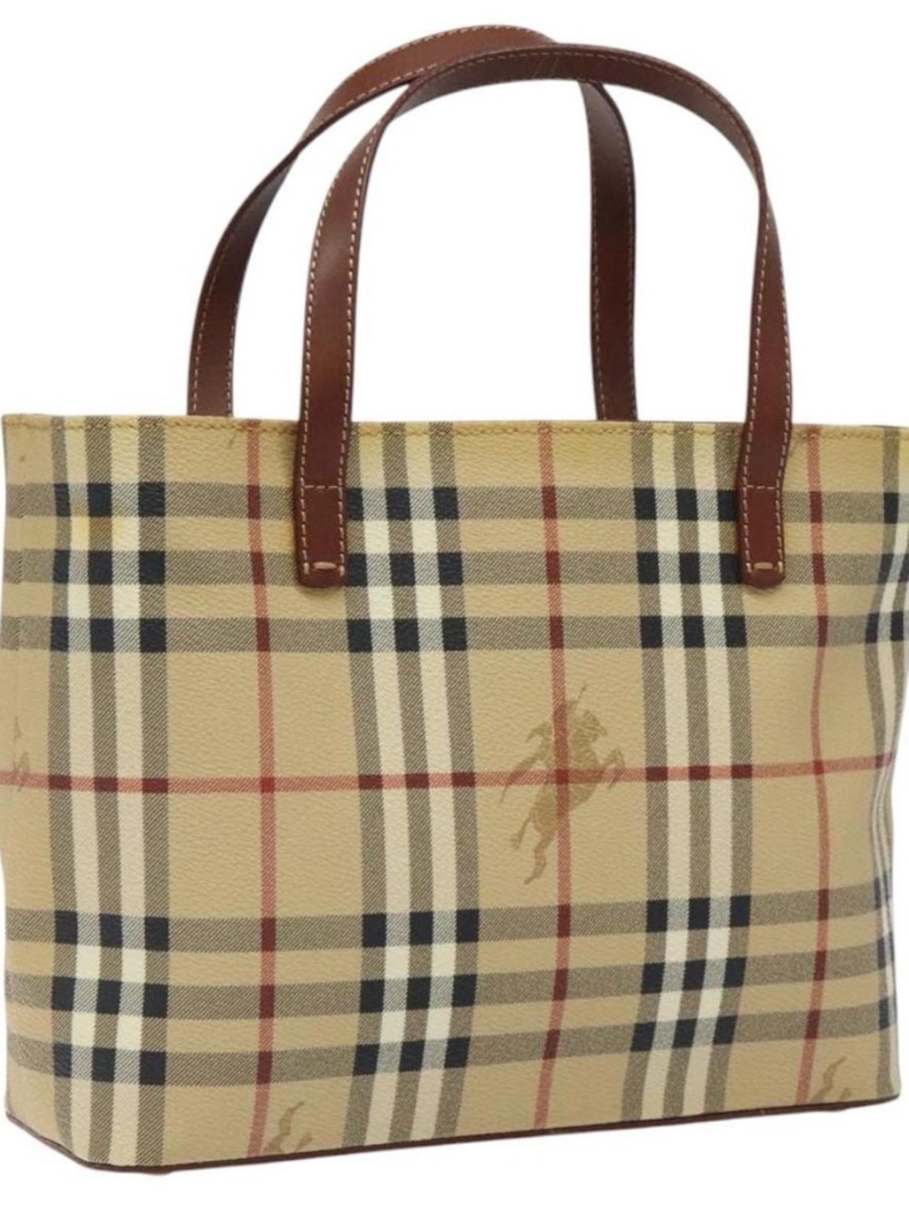 Burberry Beige Check Tote with Brown Leather Handles